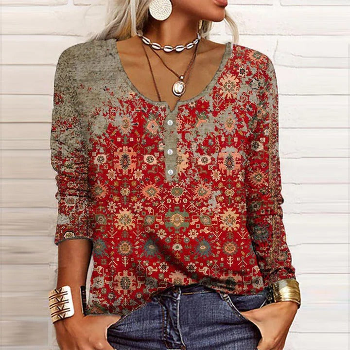 Women's Long Sleeve V-Neck Blouse Boho Print - VibreMode