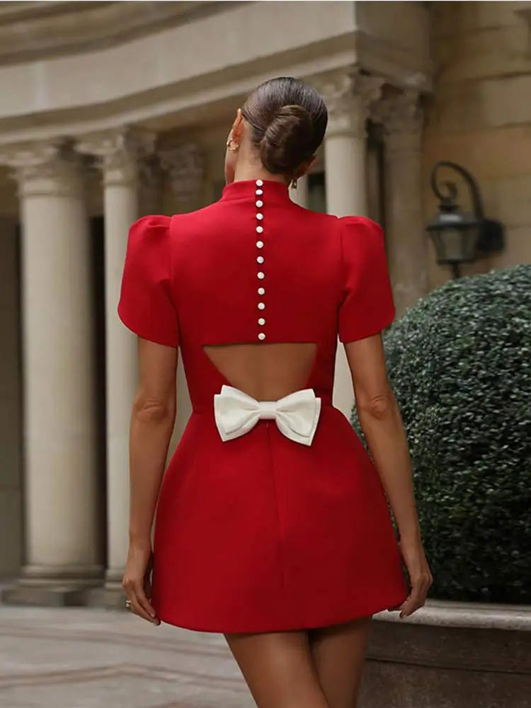 Women's Red Mini Dress Hollow Tie Elegant Summer Party
