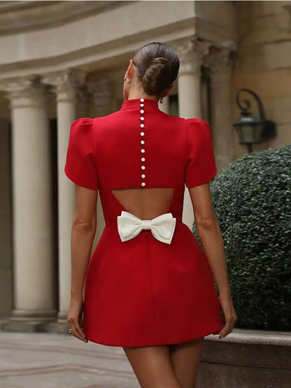 Women's Red Mini Dress Hollow Tie Elegant Summer Party