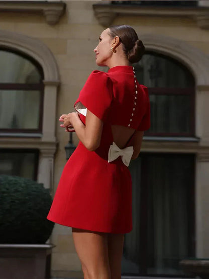 Women's Red Mini Dress Hollow Tie Elegant Summer Party