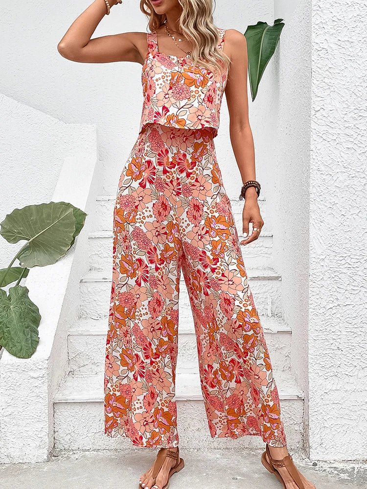 Women's Summer Floral Wide Leg Romper - VibreMode