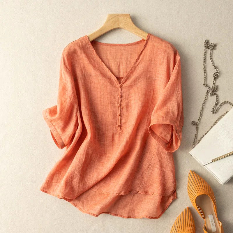 Women's Linen V-Neck Henley Shirt - VibreMode