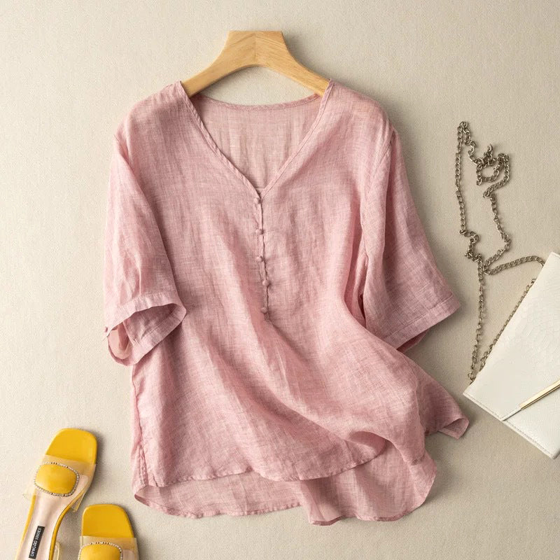 Women's Linen V-Neck Henley Shirt