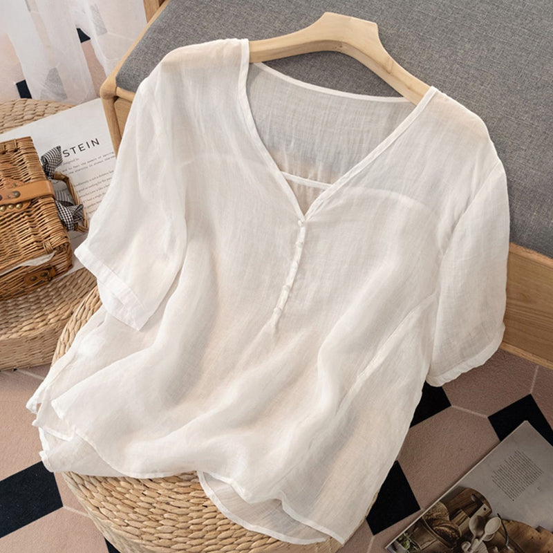 Women's Linen V-Neck Henley Shirt