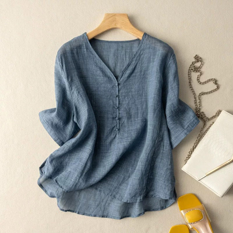 Women's Linen V-Neck Henley Shirt