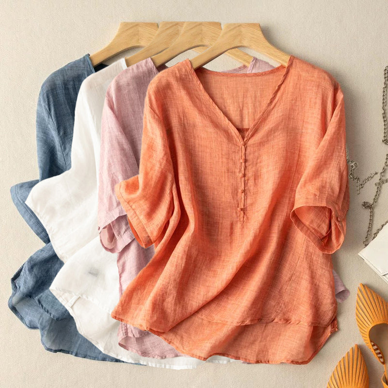 Women's Linen V-Neck Henley Shirt