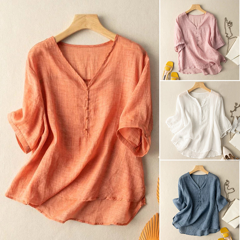 Women's Linen V-Neck Henley Shirt