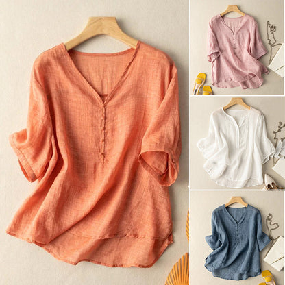 Women's Linen V-Neck Henley Shirt