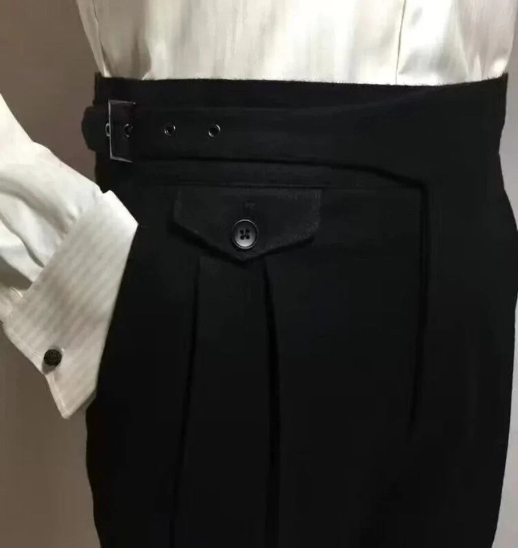Men's Wool Trousers With Belt Formal Black - VibreMode