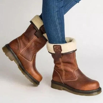 Women's Leather Mid-Calf Boots Fleece Lined Brown - VibreMode