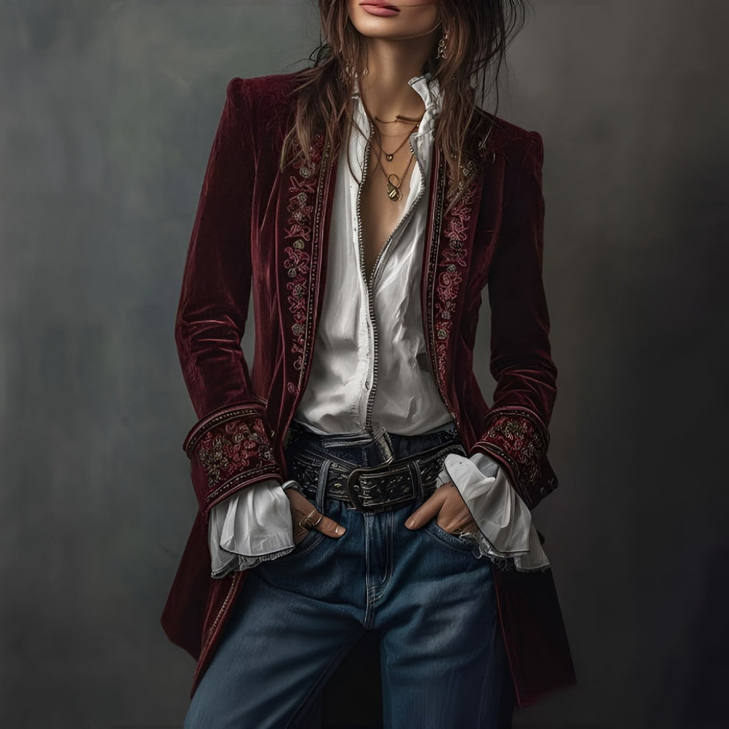 Women's Embroidered Long Blazer Jacket