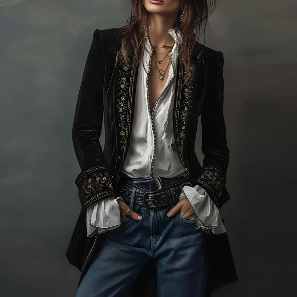 Women's Embroidered Long Blazer Jacket