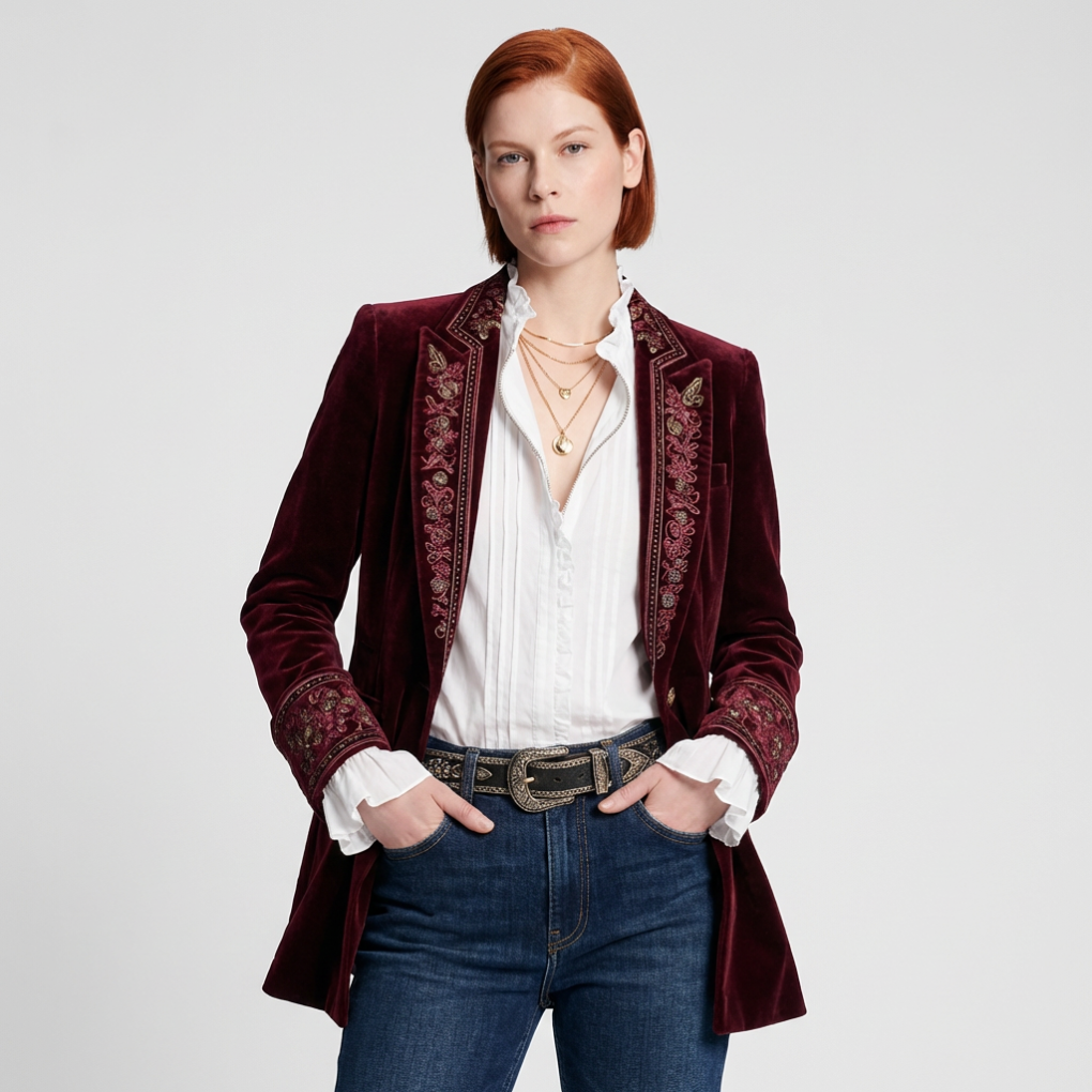 Women's Embroidered Long Blazer Jacket - VibreMode