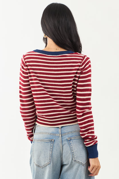 Women's Striped Cardigan Maroon Cream Button-Down Knit