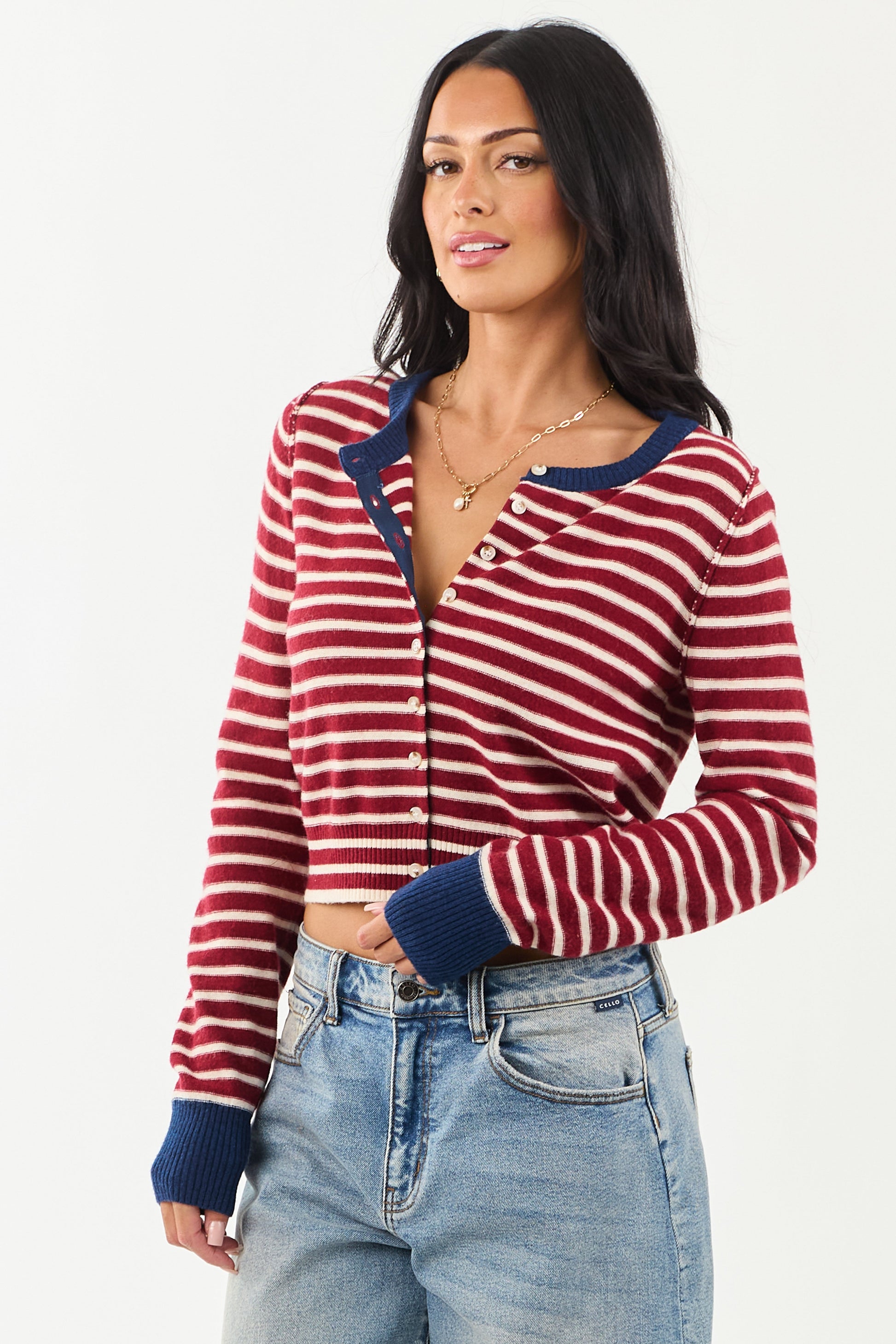 Women's Striped Cardigan Maroon Cream Button-Down Knit - VibreMode