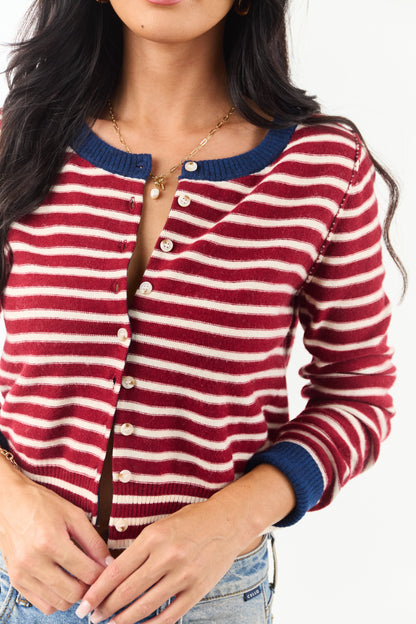Women's Striped Cardigan Maroon Cream Button-Down Knit