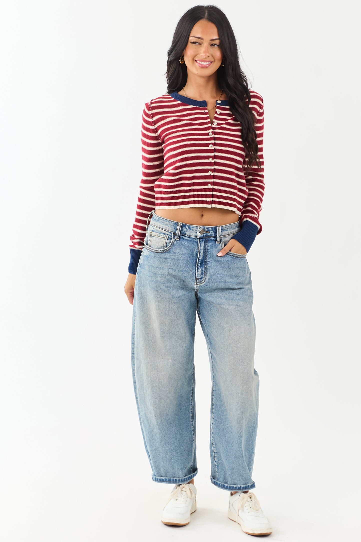 Women's Striped Cardigan Maroon Cream Button-Down Knit