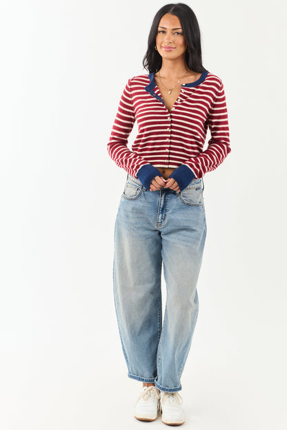 Women's Striped Cardigan Maroon Cream Button-Down Knit