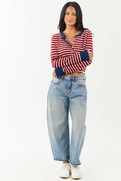 Women's Striped Cardigan Maroon Cream Button-Down Knit