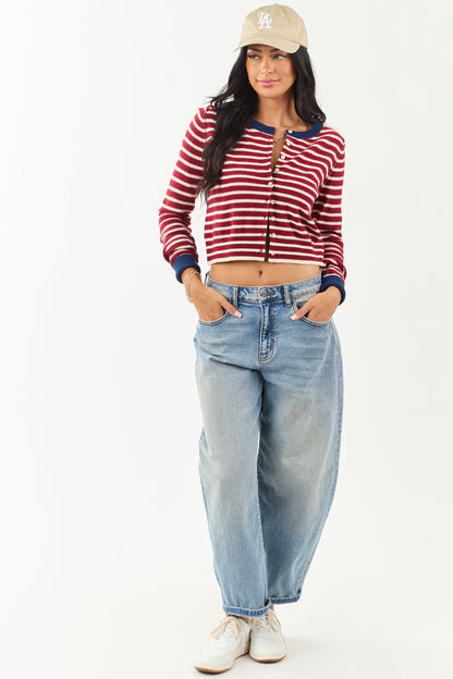 Women's Striped Cardigan Maroon Cream Button-Down Knit