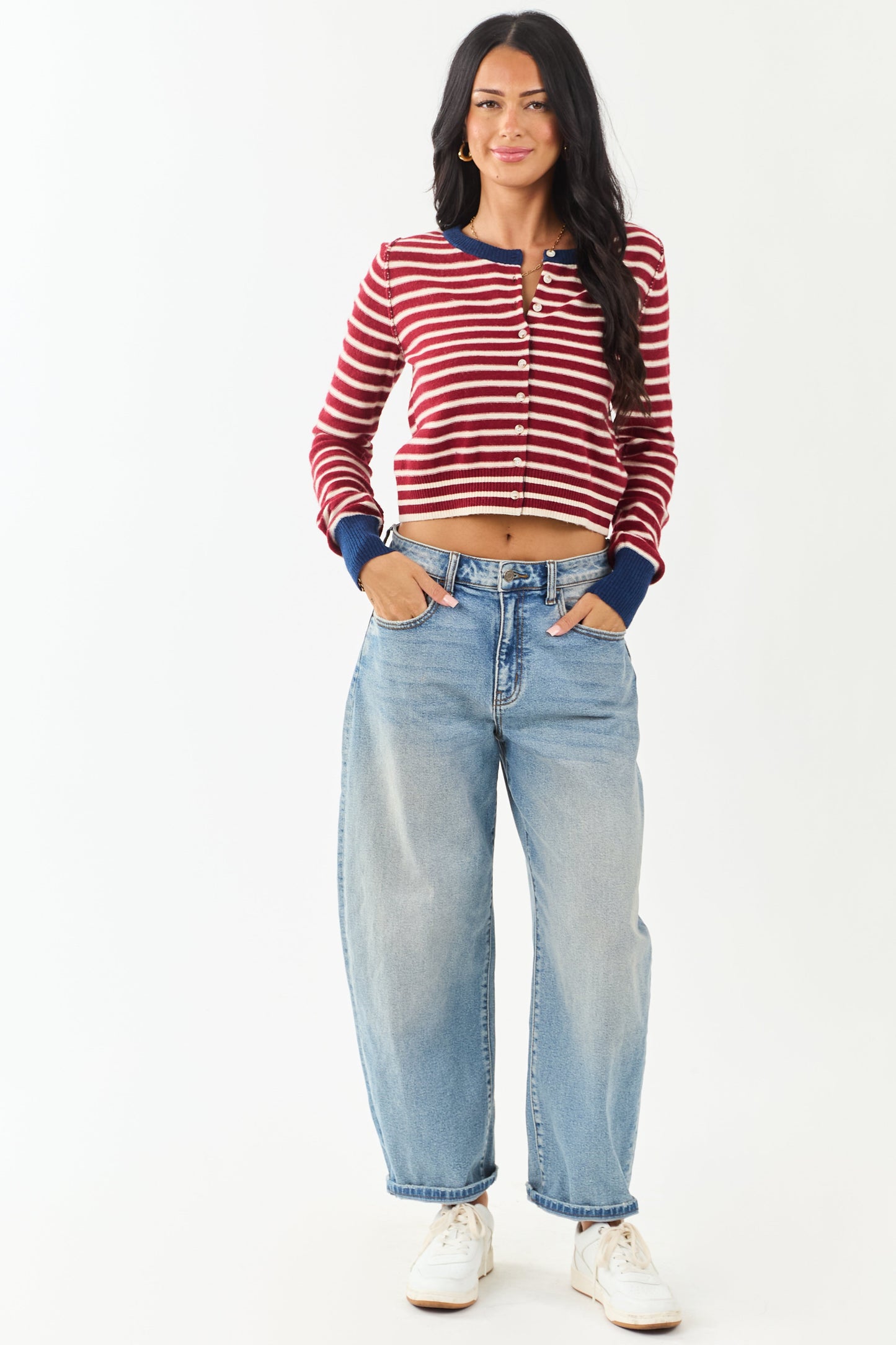 Women's Striped Cardigan Maroon Cream Button-Down Knit