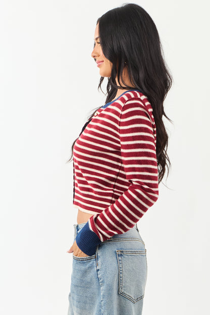 Women's Striped Cardigan Maroon Cream Button-Down Knit