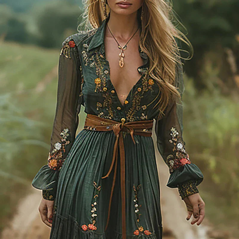 Women's V Neck Bohemian Dress Belted Waist