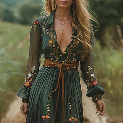 Women's V Neck Bohemian Dress Belted Waist