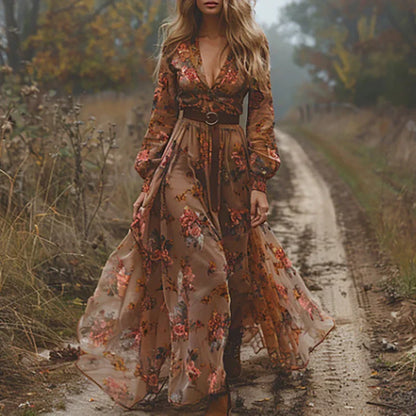 Women's V Neck Bohemian Dress Belted Waist