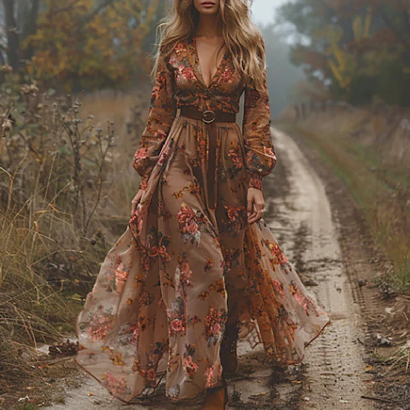 Elegant Floral Long Sleeve Bohemian Maxi Dress