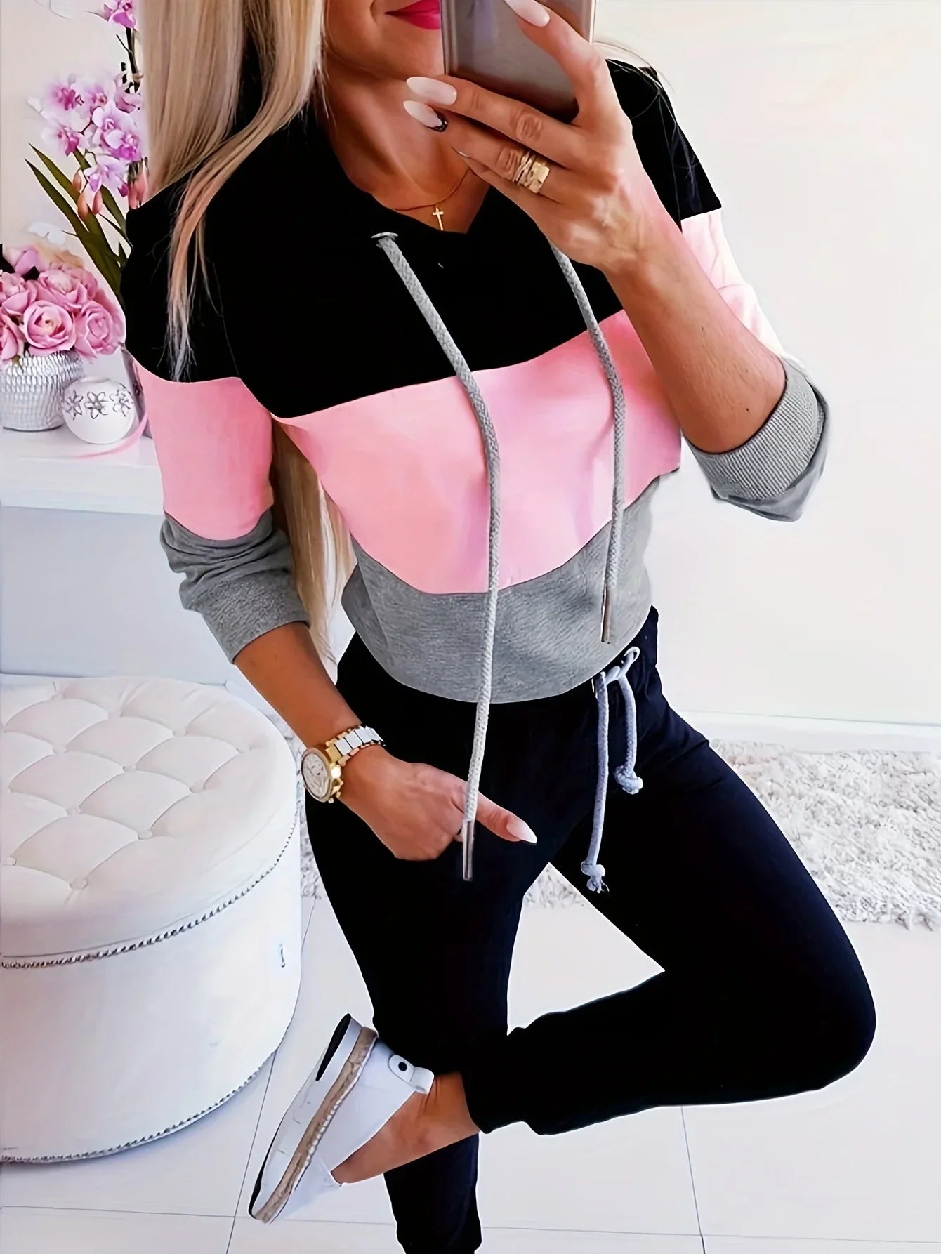 Women's Long Sleeve Sweatshirt Relaxed Fit Color Block Casual