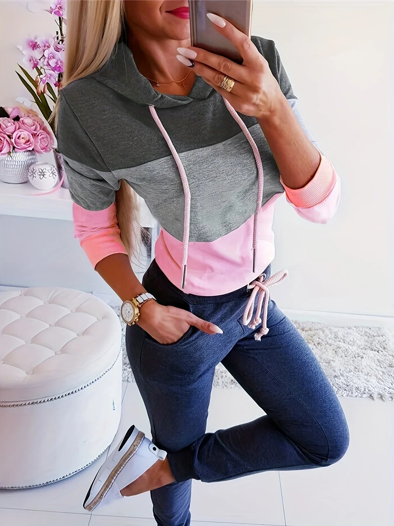 Women's Long Sleeve Sweatshirt Relaxed Fit Color Block Casual