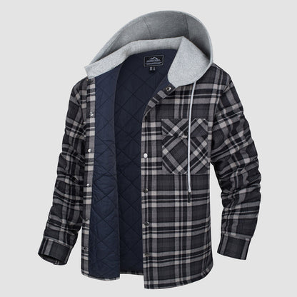 Men's Quilted Flannel Jacket With Hood Warm
