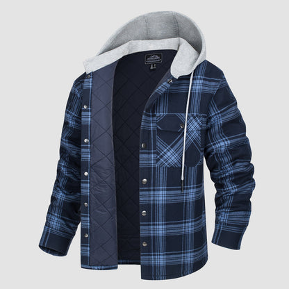 Men's Quilted Flannel Jacket With Hood Warm