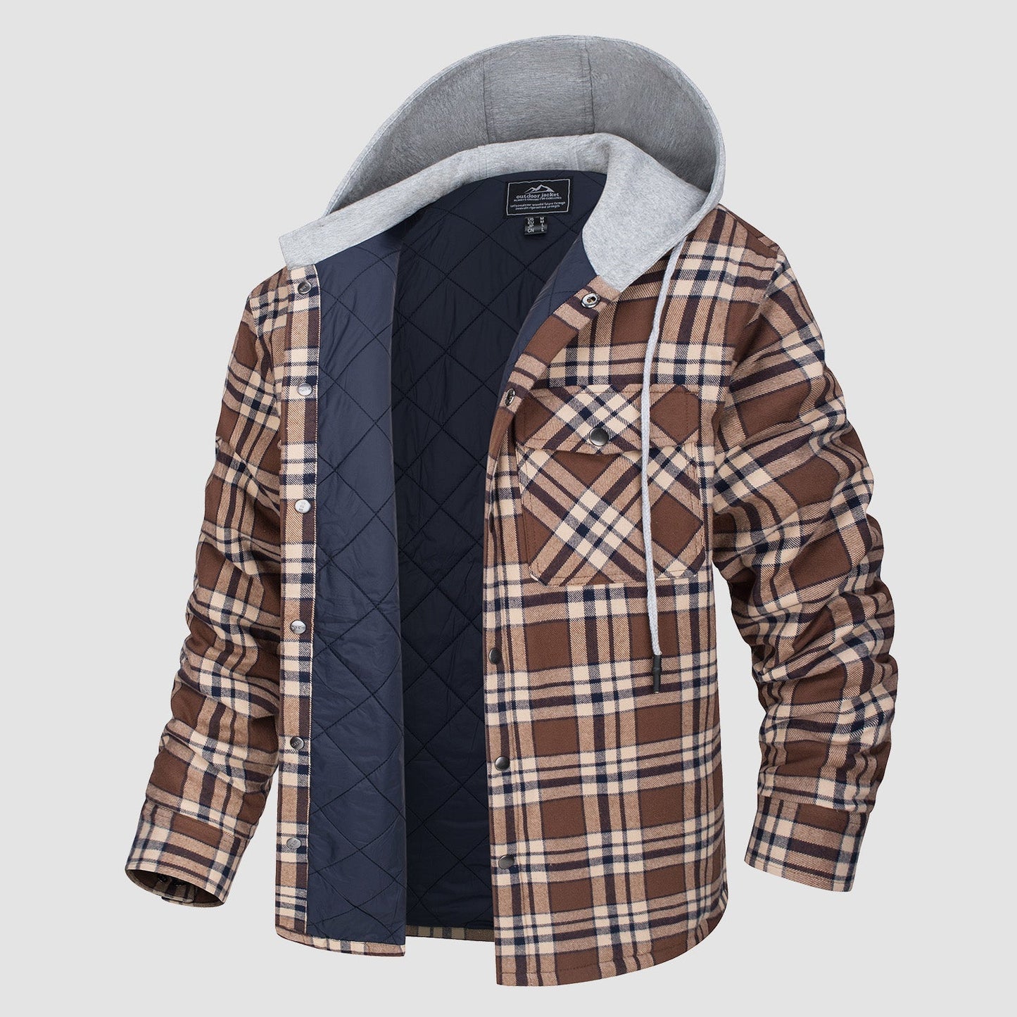 Men's Quilted Flannel Jacket With Hood Warm