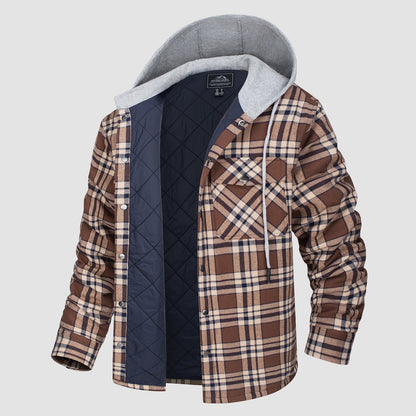 Men's Quilted Flannel Jacket With Hood Warm