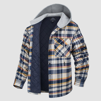 Men's Quilted Flannel Jacket With Hood Warm