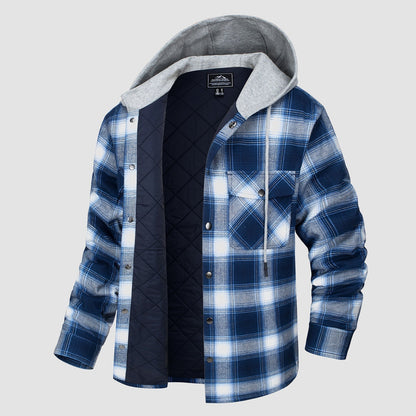 Men's Quilted Flannel Jacket With Hood Warm