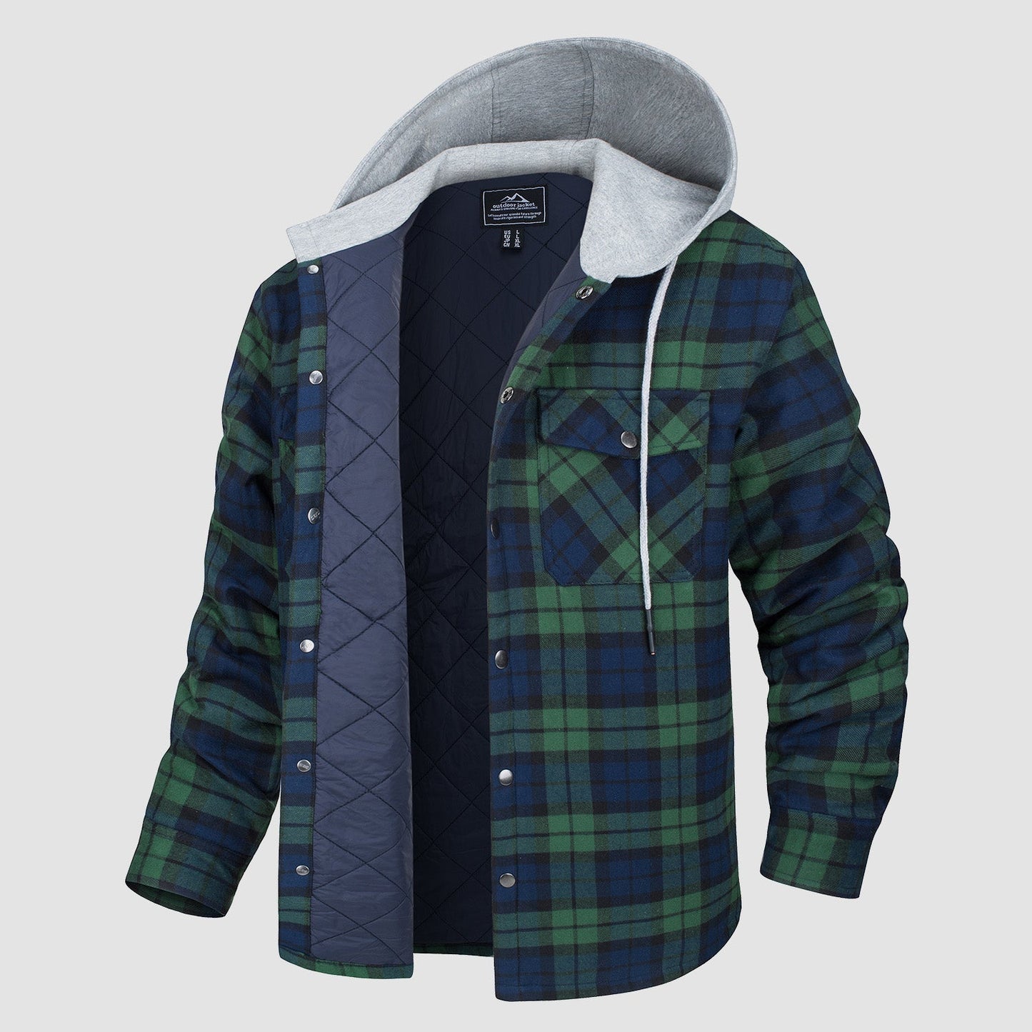 Men's Quilted Flannel Jacket With Hood Warm