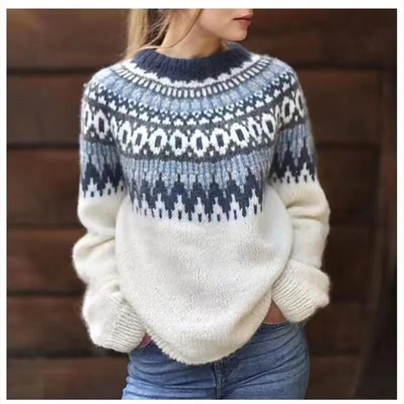 Women's Fair Isle Crew Neck Sweater Cozy - VibreMode