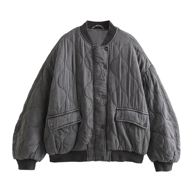Women's Quilted Bomber Jacket Oversized Snap Button Closure - VibreMode