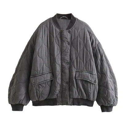Women's Quilted Bomber Jacket Oversized Snap Button Closure - VibreMode
