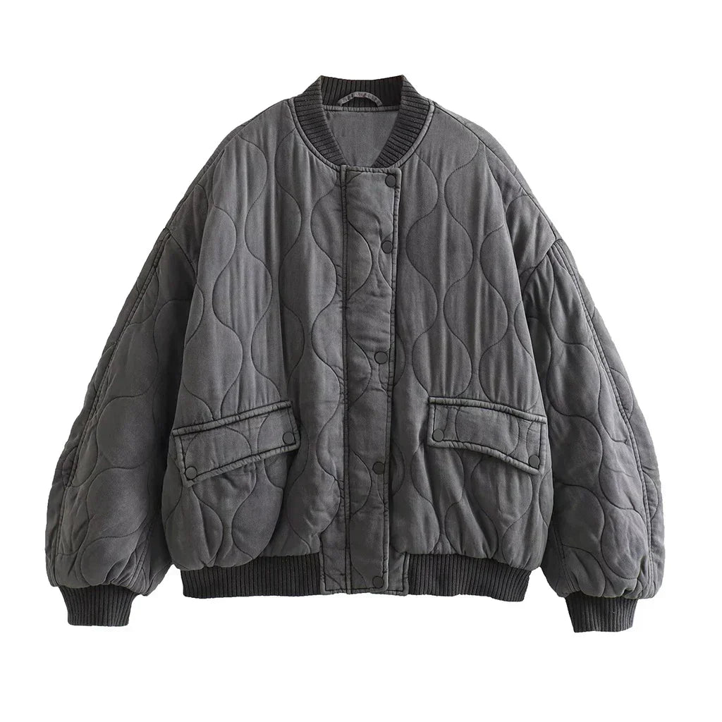 Women's Quilted Bomber Jacket Oversized Snap Button Closure