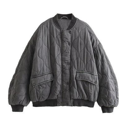 Women's Quilted Bomber Jacket Oversized Snap Button Closure