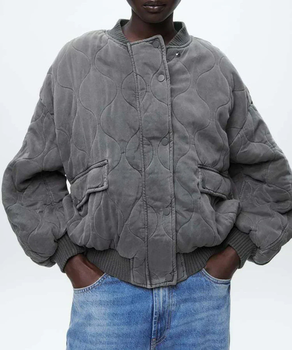 Women's Quilted Bomber Jacket Oversized Snap Button Closure