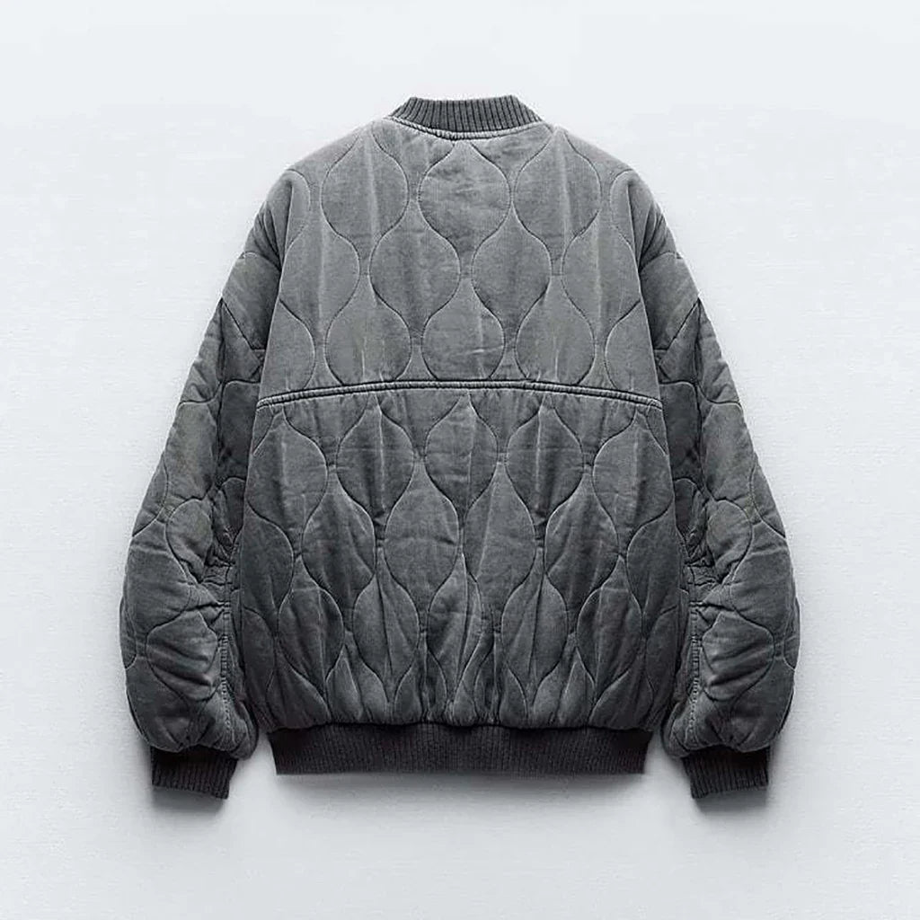 Women's Quilted Bomber Jacket Oversized Snap Button Closure