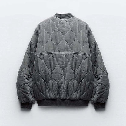 Women's Quilted Bomber Jacket Oversized Snap Button Closure
