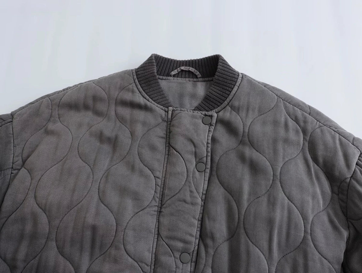 Women's Quilted Bomber Jacket Oversized Snap Button Closure