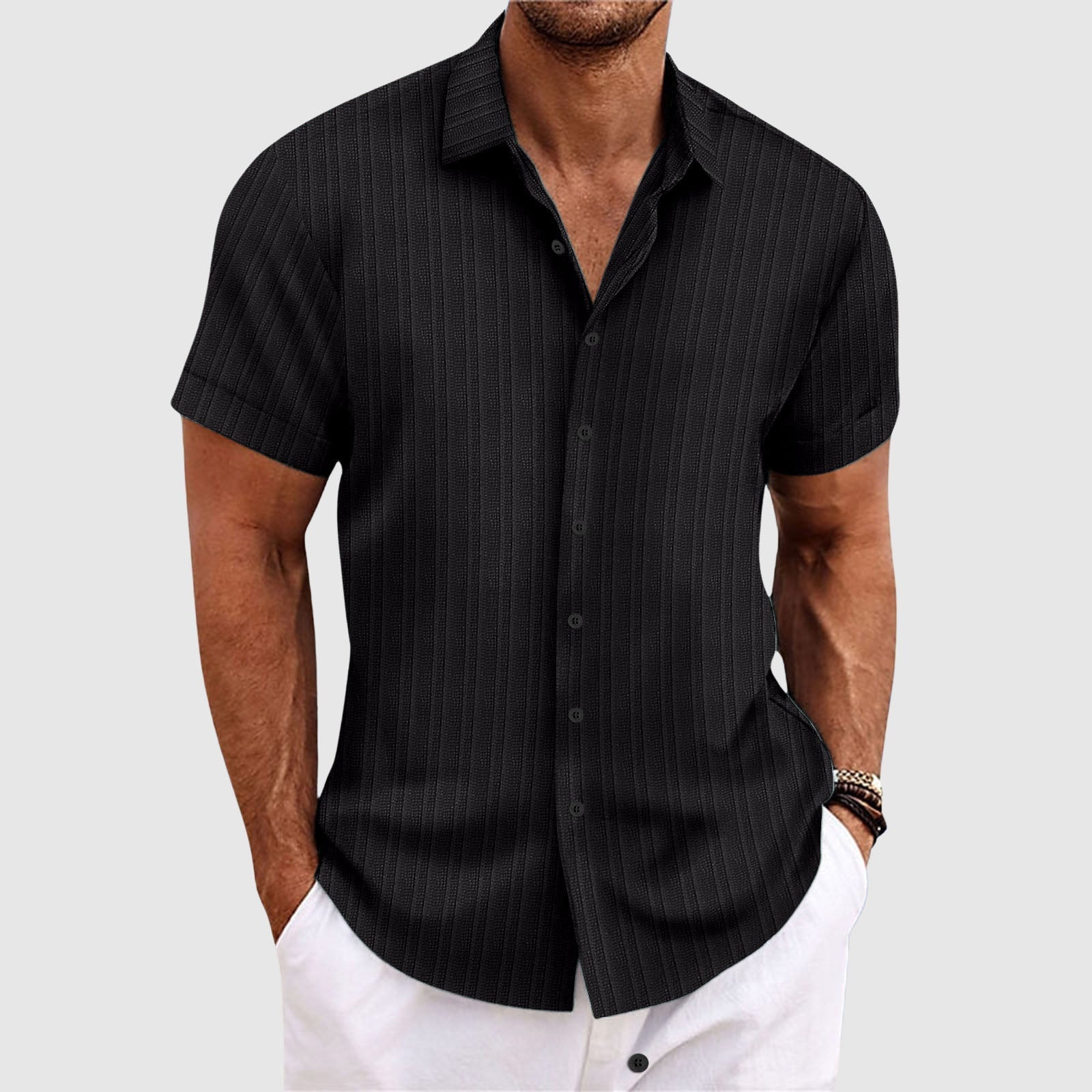 Men's Short Sleeve Textured Stripe Button Down Shirt - VibreMode