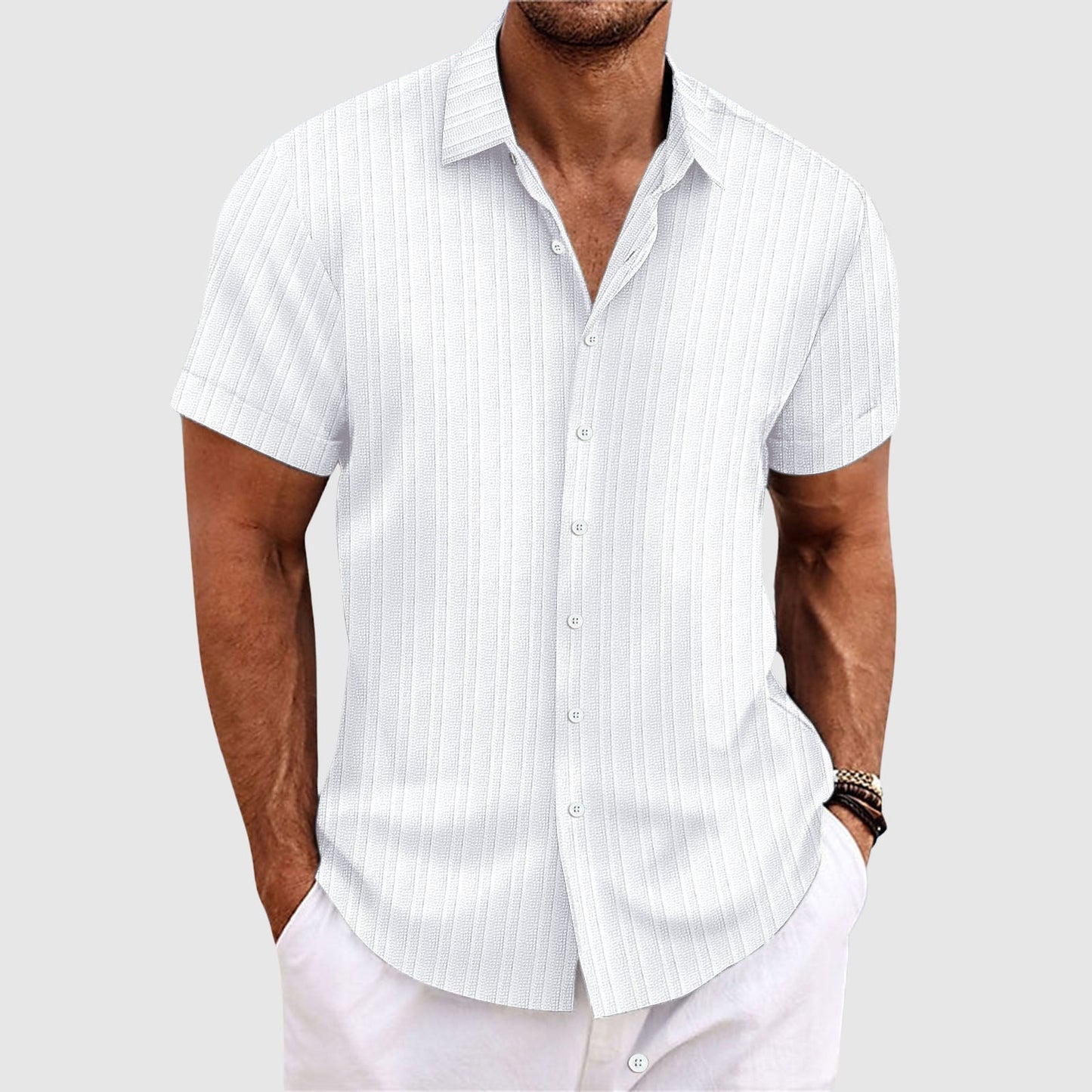 Men's Short Sleeve Textured Stripe Button Down Shirt